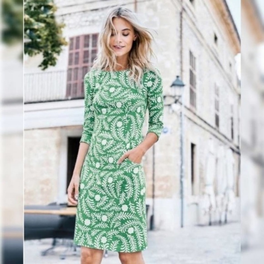 Boden Green Leaf Print Cotton Shift Dress 6L